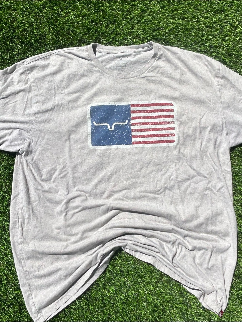 Kimes Ranch Light Gray Tee with Blue and Red Flag Graphic